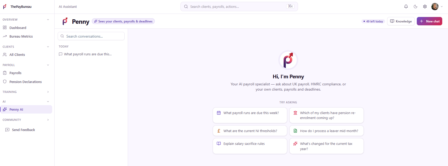 Penny, BureauFlow’s AI assistant, answering payroll questions